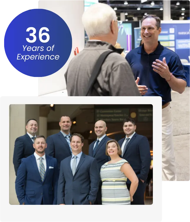 Group photo of the Dentist Insurance Services team smiling together, with overlaid text that reads: '36 Years of Experience'