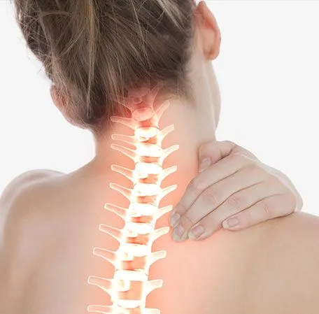 Woman with illuminated spine suffering from neck pain