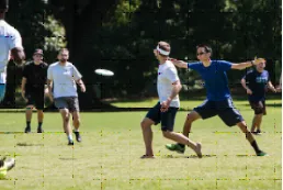 Group of men playing Ultimate Frisbee