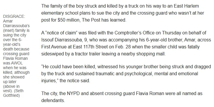 The family of the boy struck and killed by a truck on his way to an East Harlem elementary school plans to sue the city and the crossing guard who wasn’t at her post for $50 million, 