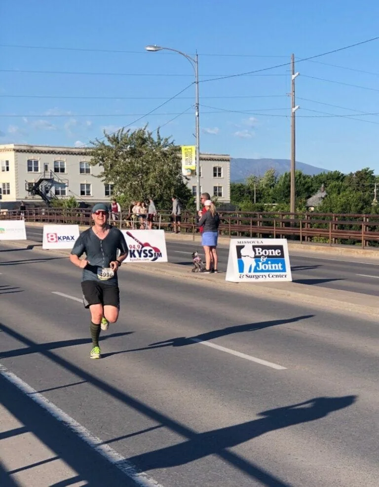 Michael Wright finishing the Missoula Half Marathon 2019