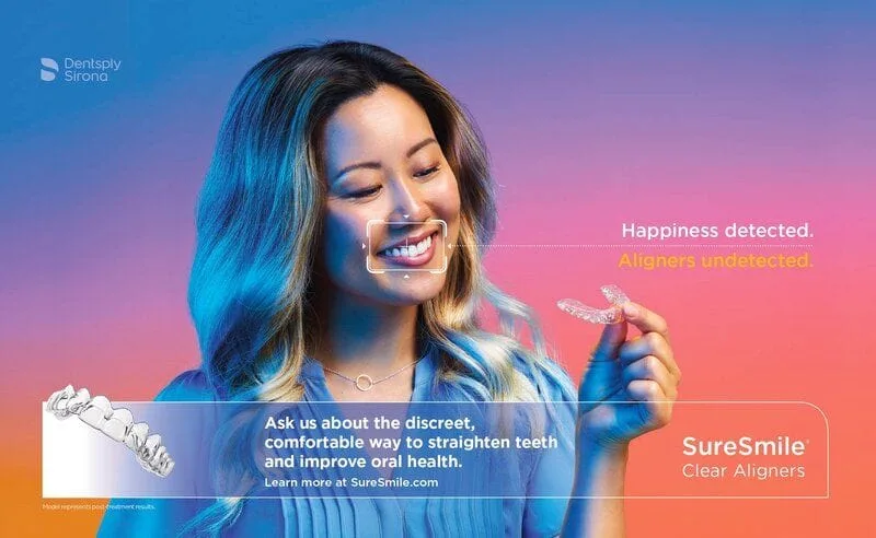 SureSmile aligners advertisement, woman holding aligners, some general info on image, SureSmile New Baltimore, MI