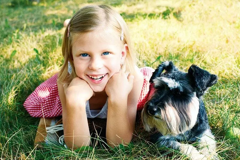 Smiling girl, posing with old dog on lawn photo
