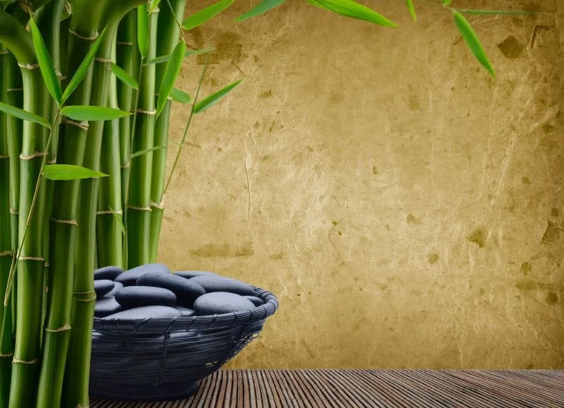 bowl of smooth stones next to bamboo