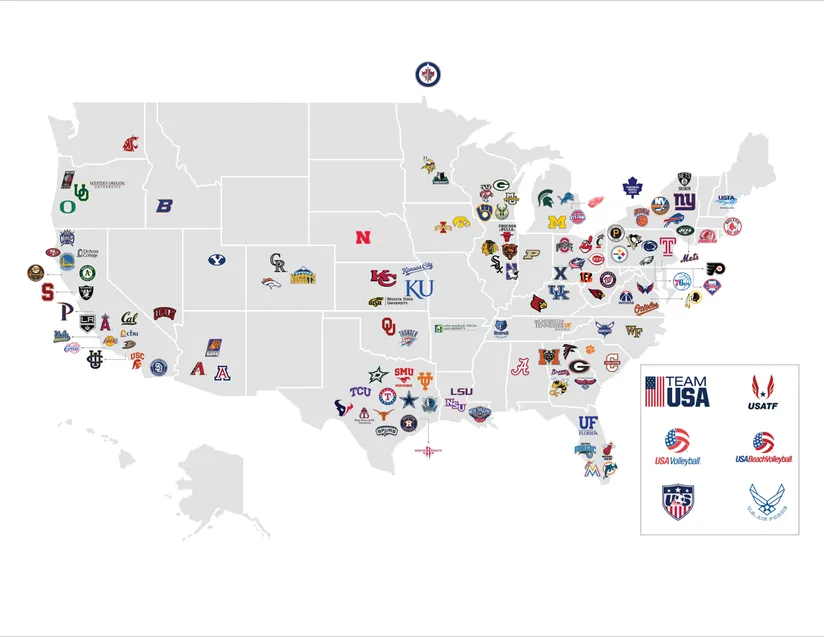 Map of the USA showing sports teams that use Hypervolt