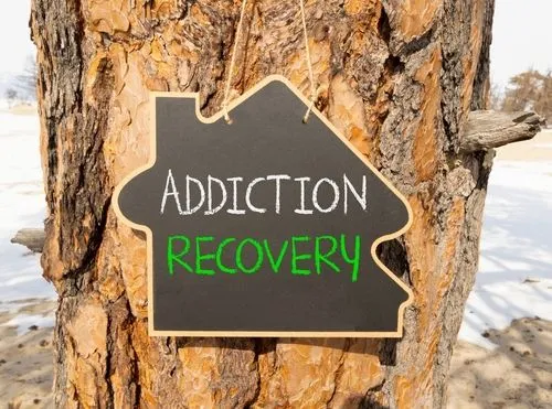 Tree with a home-shaped sign that reads 'Addiction Recovery'.