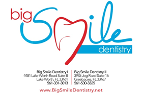 logo and contact info for Big Smile Dentistry's locations, Greenacres, FL emergency dentist Lake Worth, FL
