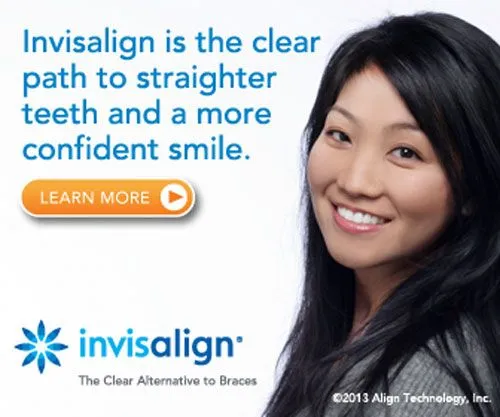 graphic ad for Invisalign treatment, woman smiling wearing clear aligners by Invisalign Novi, MI dentist