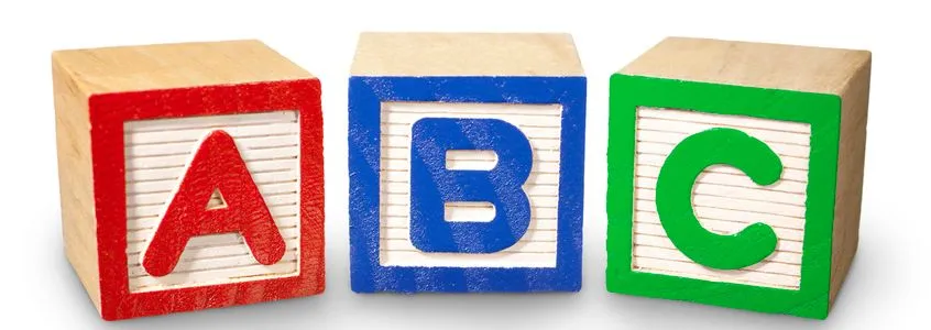 Colorful letter blocks for the letters A, B, and C.