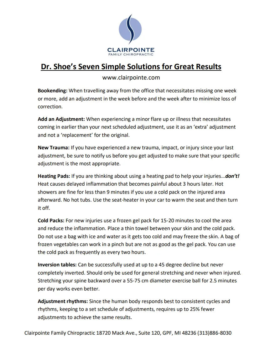 Seven simple solutions for great results. Instruction sheet for getting adjusted at Clairpointe Family Chiropractic.