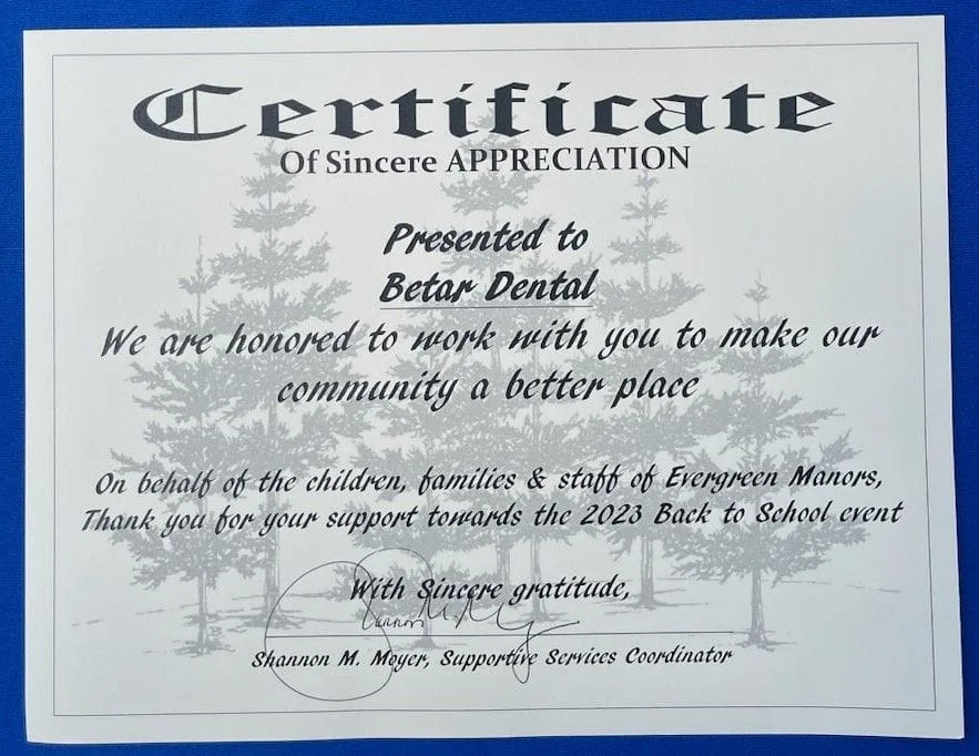 Certificate from Evergreen Manors