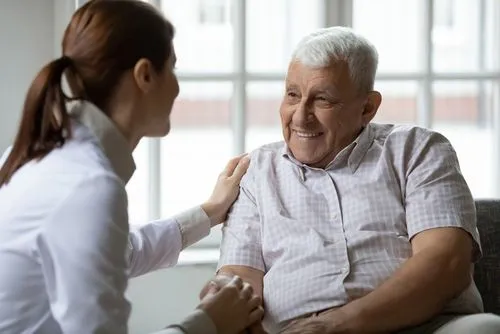 Senior adult visiting therapist in San Diego for counseling and mental health support.