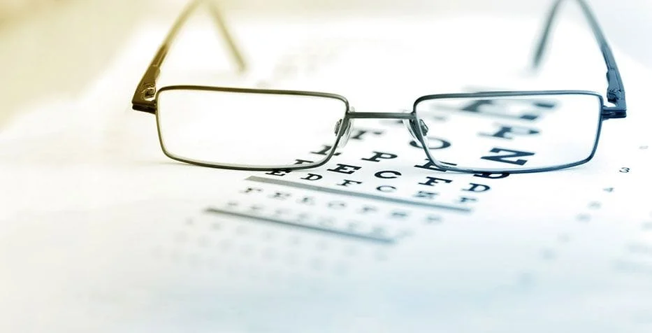 image of eye glasses on an eye chart.