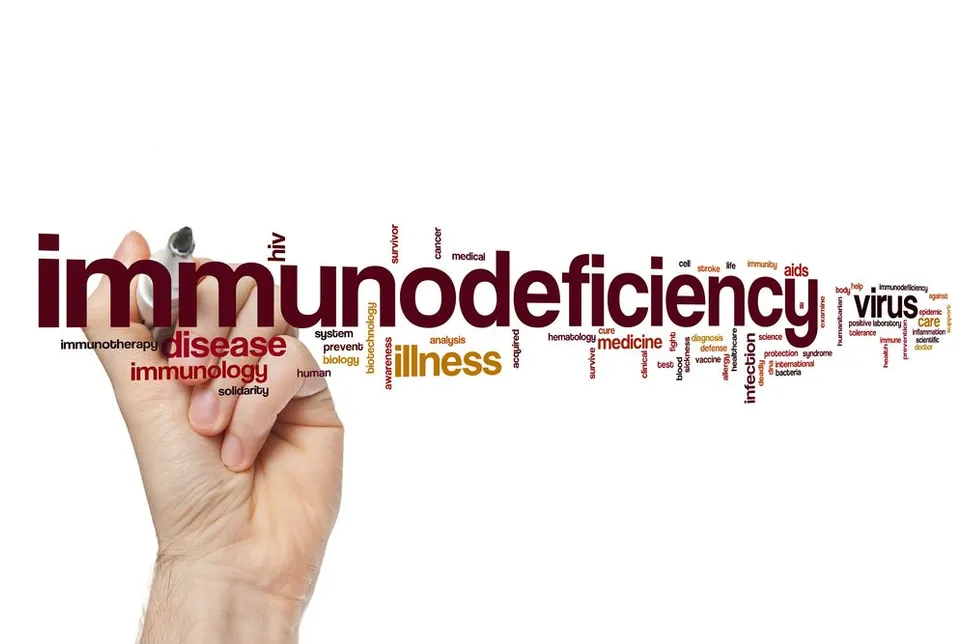 IMMUNODEFICIENCY word cloud featuring medical and health-related terms.