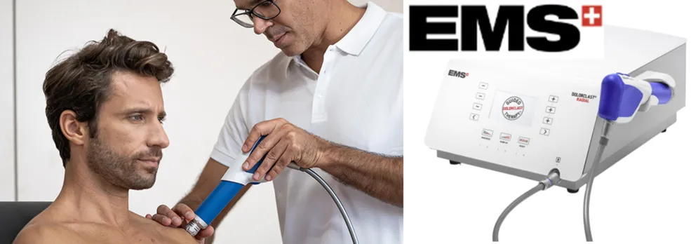 Shockwave radial pressure machine and a man receiving a shockwave treatment by a male doctor